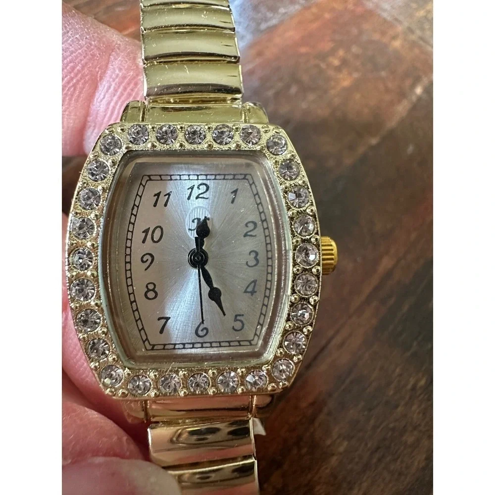 Analog Watch Rhinestone Bezel Quartz Gold Stainless‎ Steel Flex Band WORKING